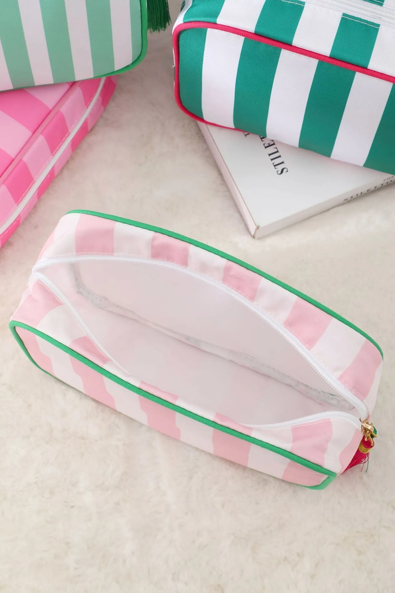 Pink Striped Print Tassel Zipper PU Large Cosmetic Bag