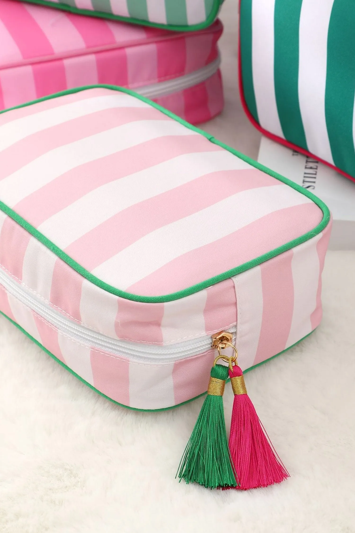 Pink Striped Print Tassel Zipper PU Large Cosmetic Bag