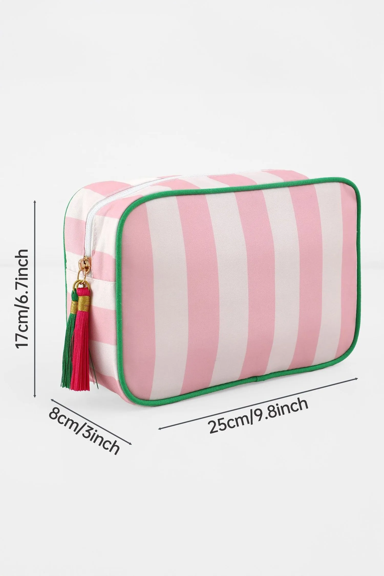 Pink Striped Print Tassel Zipper PU Large Cosmetic Bag