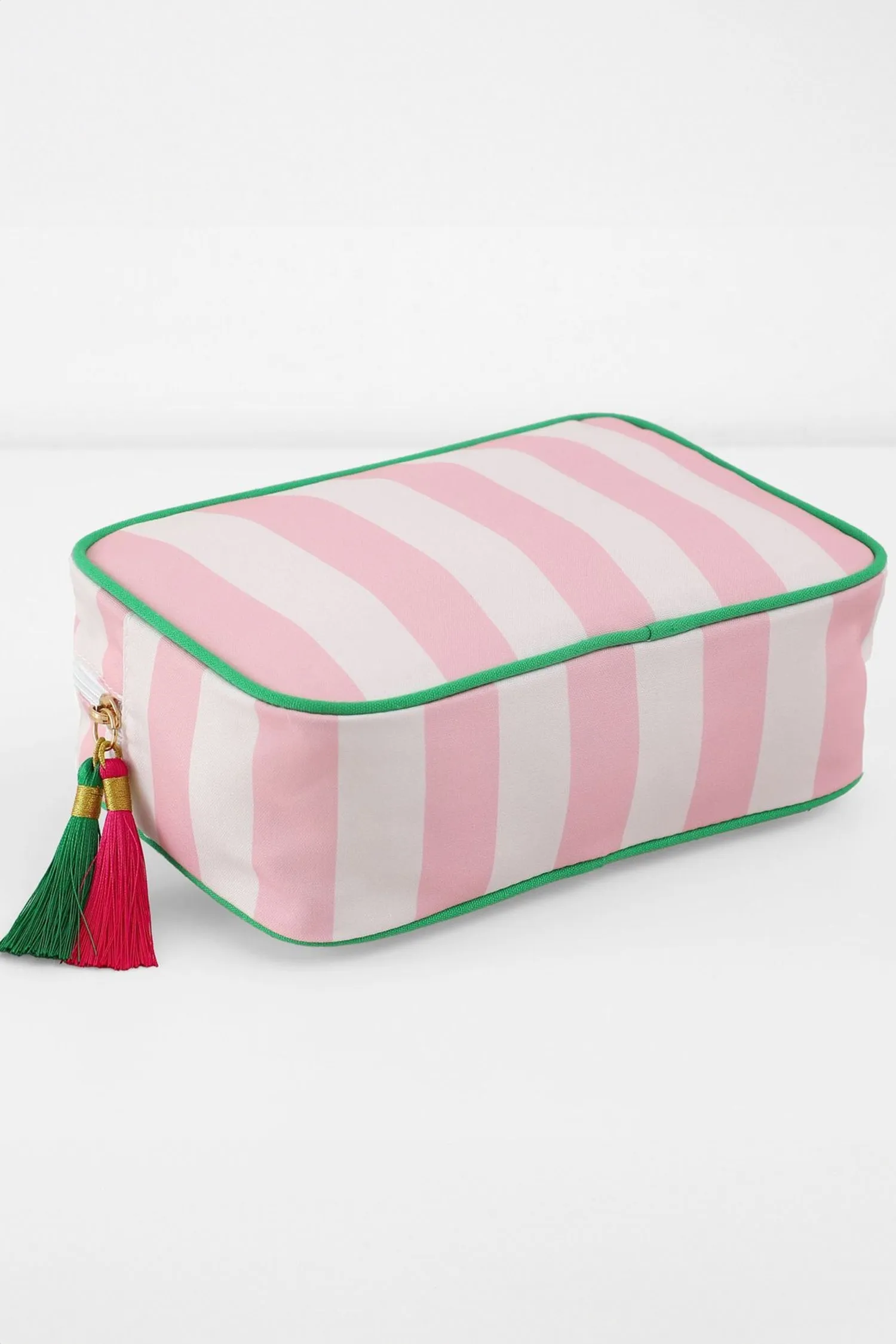 Pink Striped Print Tassel Zipper PU Large Cosmetic Bag