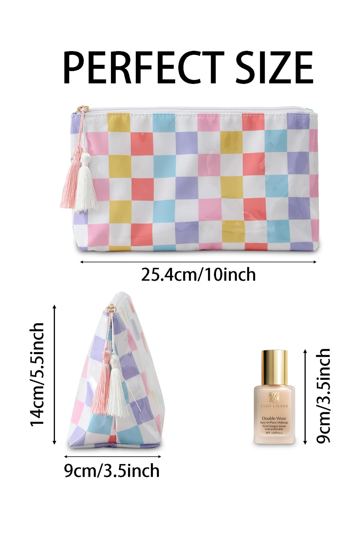 Red Checkered Vinyl Waterproof Tassel Zipper Makeup Bag